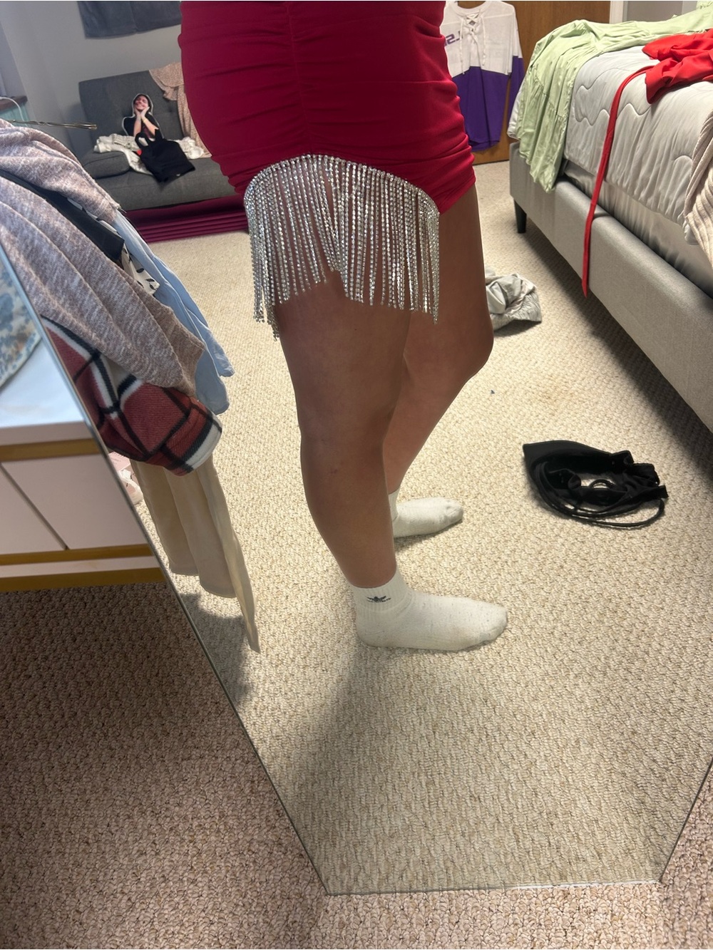 Red Rhinestone Fringe Ruched Mini Dress - Picture 3 of 9